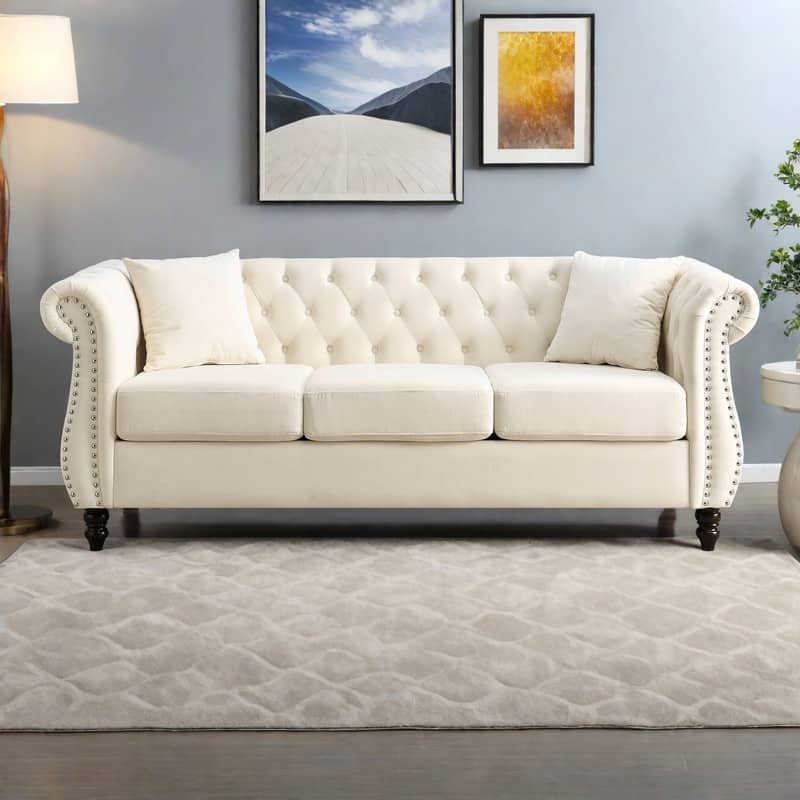 80" Velvet Chesterfield 3-Seater Sofa with Tufted Design, Nailhead Trim, and 2 Pillows