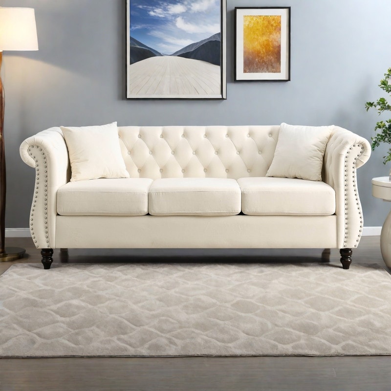 80" Velvet Chesterfield 3-Seater Sofa with Tufted Design, Nailhead Trim, and 2 Pillows