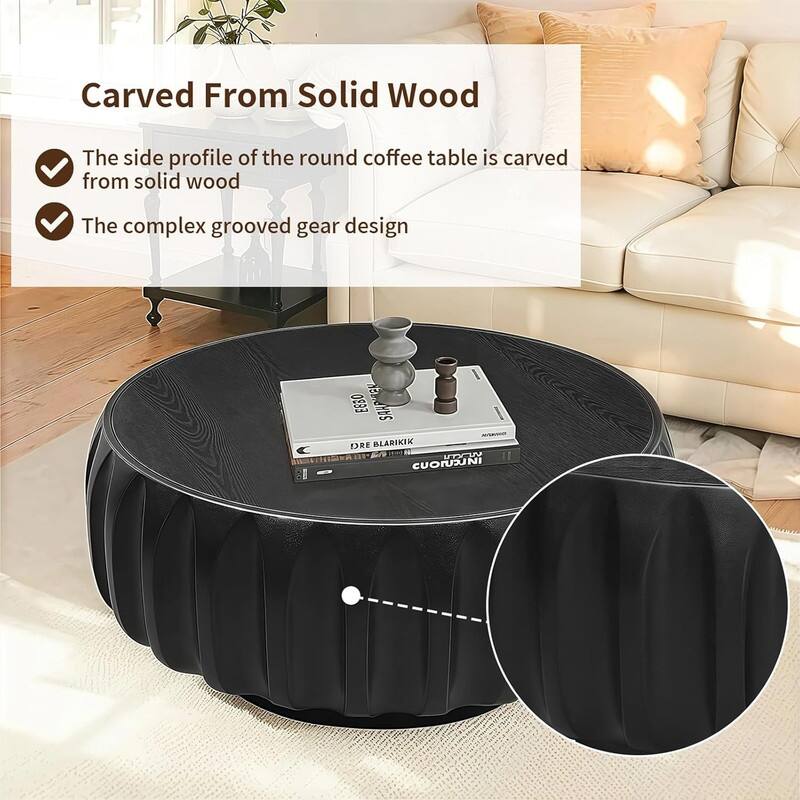 Round Coffee Table, Drum Coffee Table Contemporary Wood Round Coffee Table with Fluted Centry Table