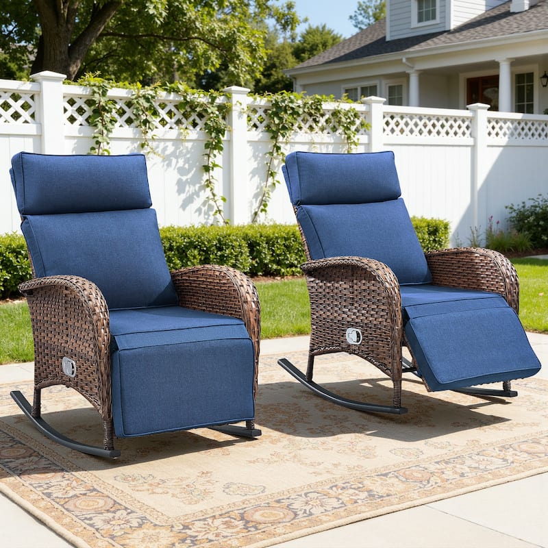 Meyreso Wicker Rocking Reclining Chaise Lounge with Adjustable Backrest & Footrest (2-Pack)