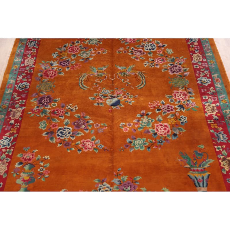 Vegetable Dye Art Deco Nichols Chinese Vintage Large Wool Carpet - 10'10" x 17'6"