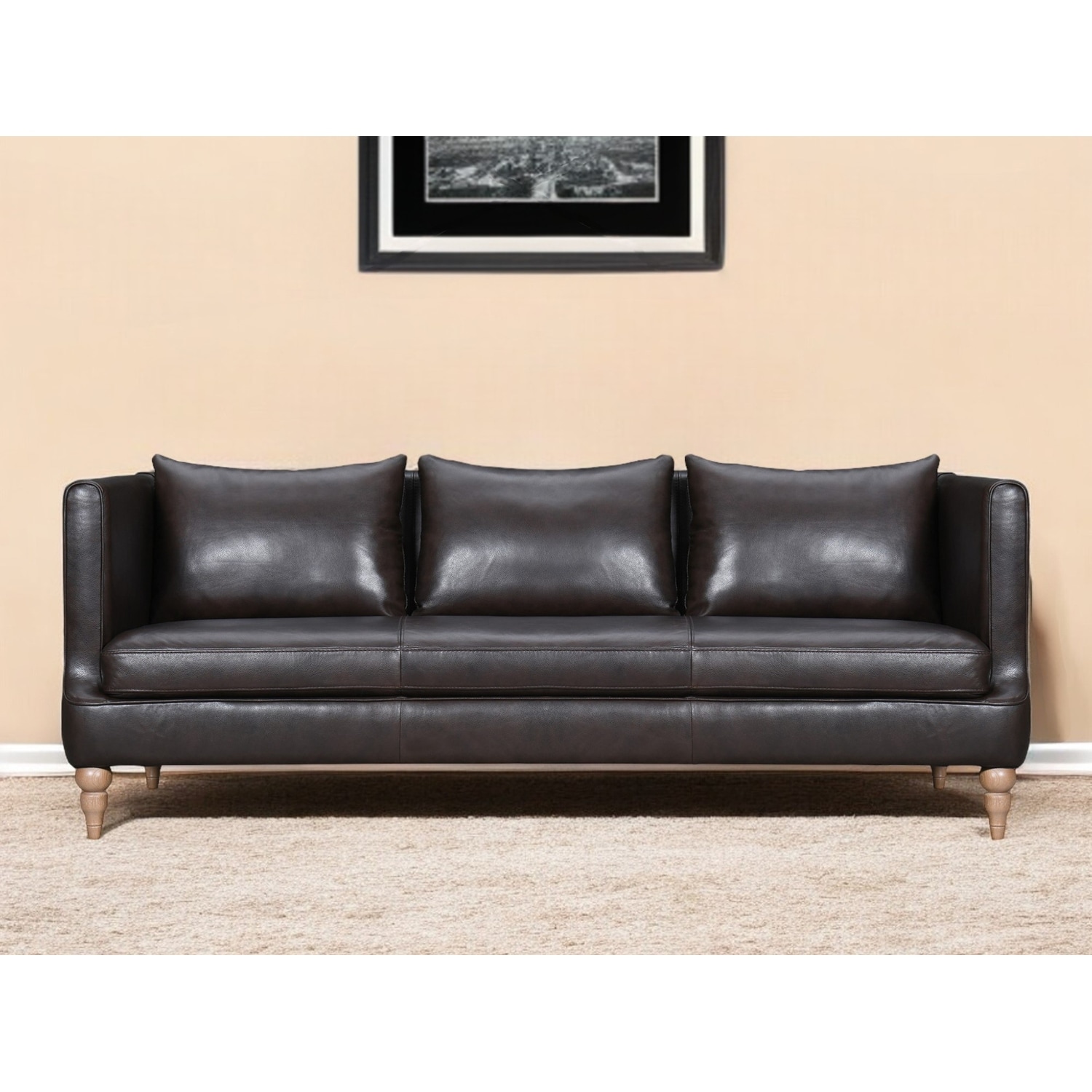 HomeRoots 85" Dark Brown Leather Sofa With Brown Legs
