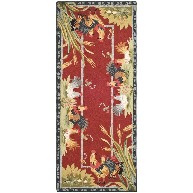 SAFAVIEH Handmade Chelsea Yauheniya French Country Rooster Wool Rug - 2'6" x 6' Runner - Burgundy