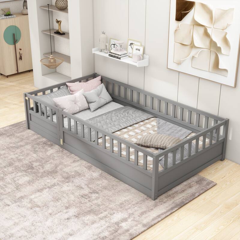 Children's Twin Floor Bed with Safety Guardrails & Door, Montessori Wooden Bed Frame for Bedroom Play Area