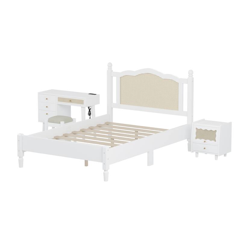 Wooden Platform Bed with Rattan Headboard Curved Wingback Bed Vintage Bed Frame Wood Slat Support Bed with Underbed Storage