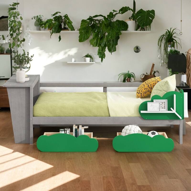 Cute Wooden Twin Size Daybed with Desk, Green Leaf Storage Drawers and