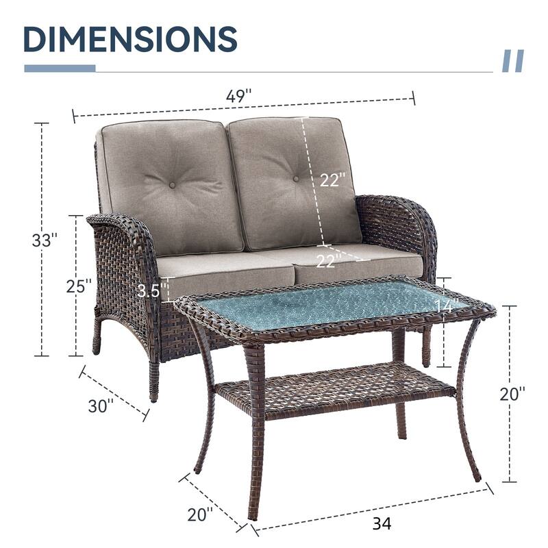 Gymojoy Outdoor Wicker Loveseat with Coffee Table and Outdoor Cushions