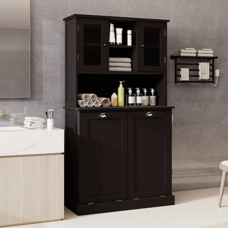Two-Compartment Tilt-Out Dirty Laundry Basket Tall Bathroom Cabinet