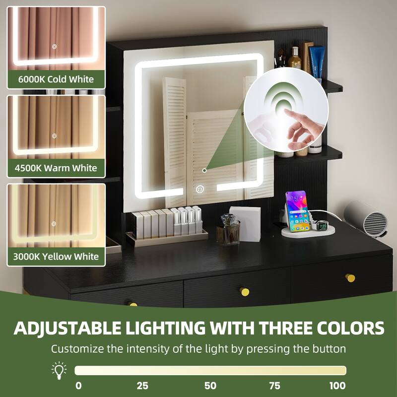 Moasis 3 Drawers Makeup Vanity Desk Set with Lights and Mirror & Stool