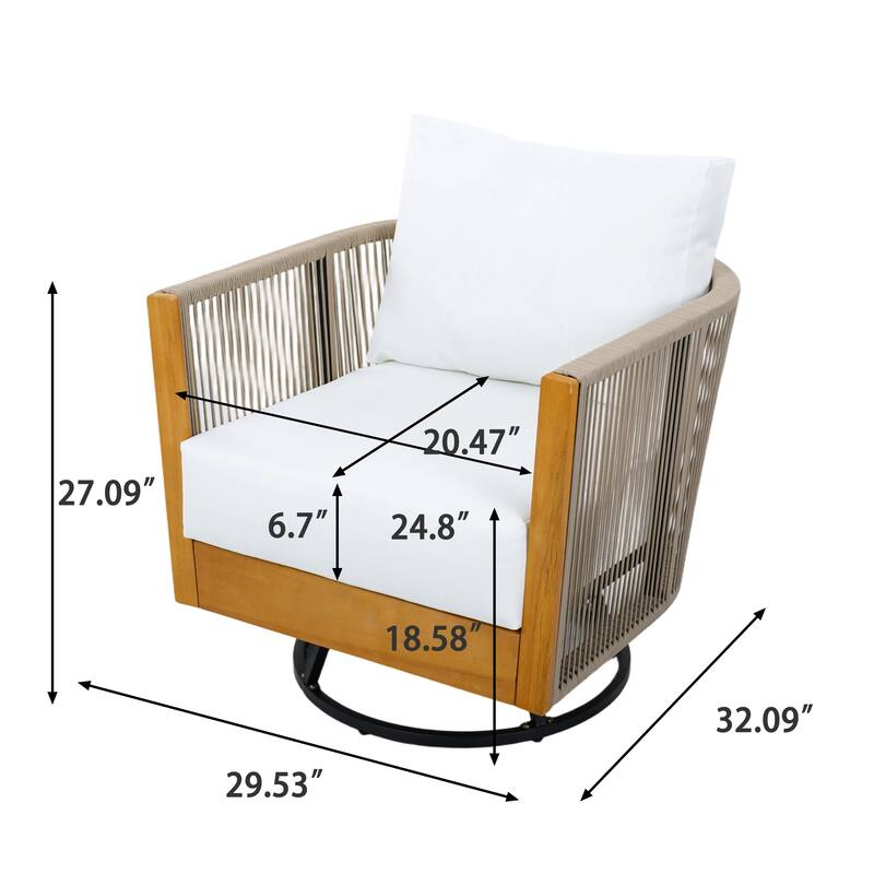 Outdoor Acacia Wood Rope Swivel Lounge Chair with Cushion and Concrete-Acacia Side Table