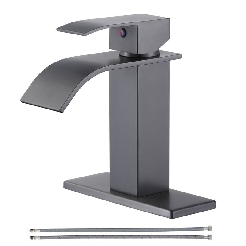 WOWOW Single Handle Waterfall Bathroom Faucet with Pop-Up Drain - Black Stainless