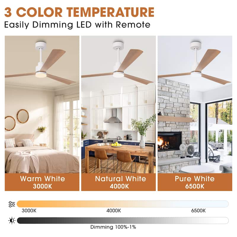 52" Farmhouse White ABS Integrated LED Indoor Ceiling Fan with Light and Remote