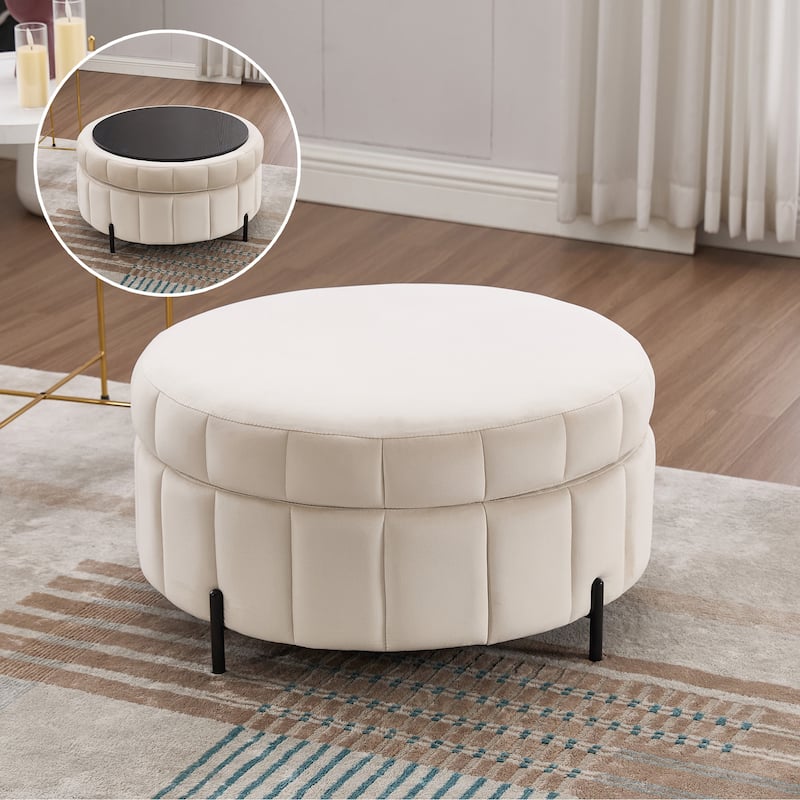 Roomfitters Round Velvet Storage Ottoman Coffee Table, Reversible Lid Footrest for Living Room Bedroom Office - Beige