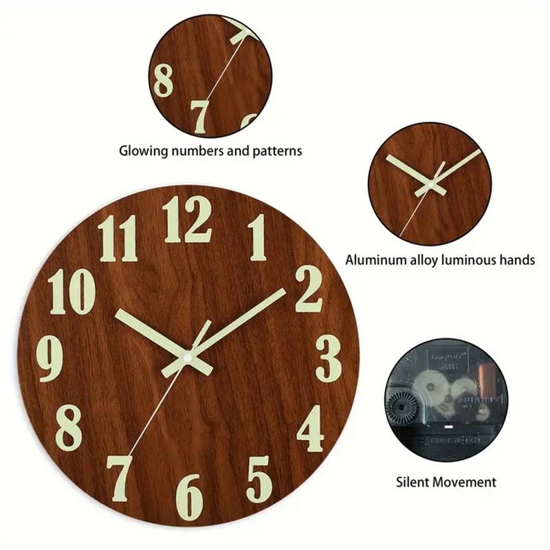 Wooden 12 Inch Luminous Wall Clock Silent for Living Room - 12 Inch Dia.