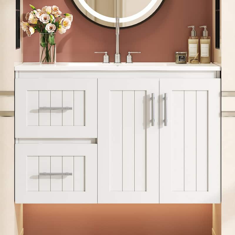 36" Wall Mounted Bathroom Vanity with 2 Drawers, Floating Vanity with Ceramic Sink & Adjustable Shelf, Modern Bathroom Storage