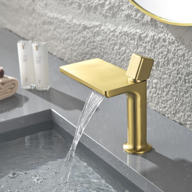 7.75"H Brass Waterfall Bathroom Sink Faucet, Vanity Single Handle One Hole Basin Modern Lavatory Faucet