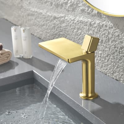 7.75"H Brass Waterfall Bathroom Sink Faucet, Vanity Single Handle One Hole Basin Modern Lavatory Faucet
