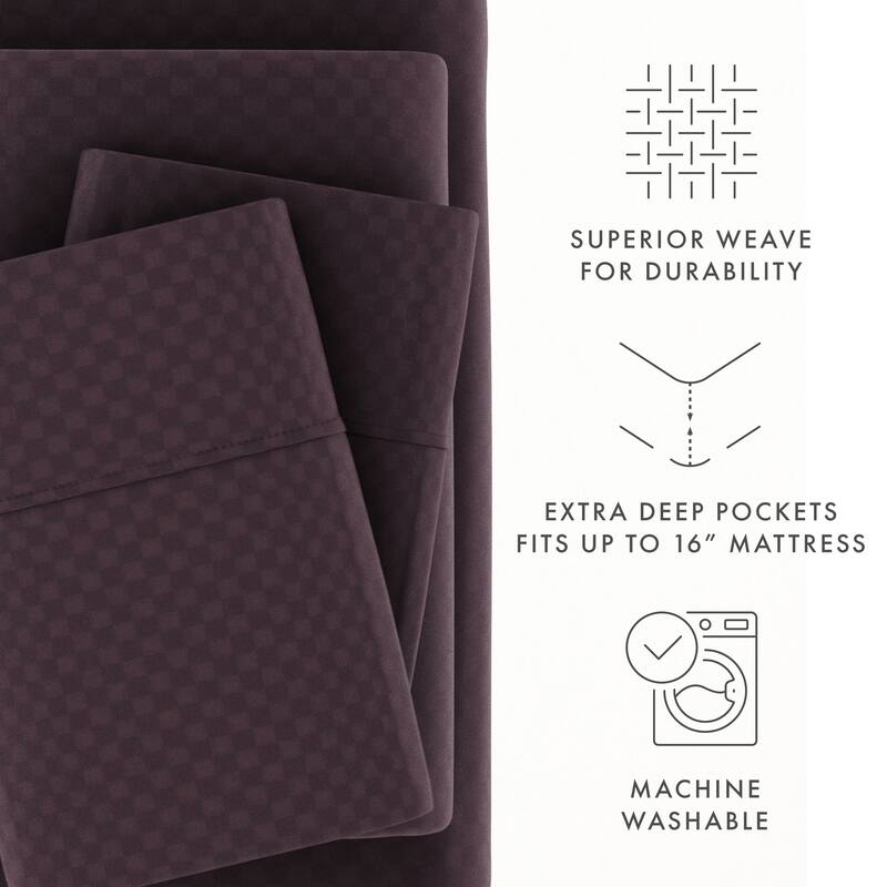 Soft Essentials Double Brushed Embossed Checkered 4PC Deep Pocket Bed Sheet Set