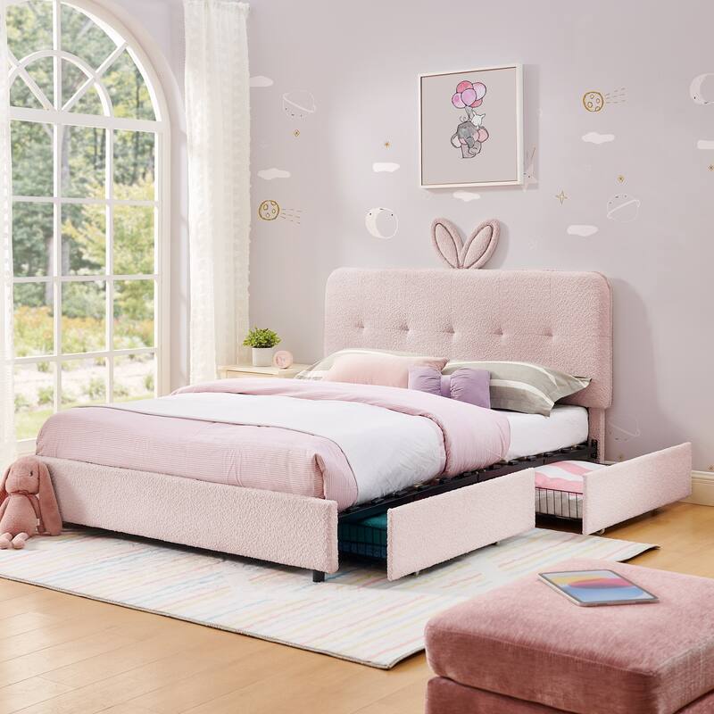 Kids Boucle Upholstered Bed with Rabbit Ear Headboard, LED Music Sync & 4 Drawers