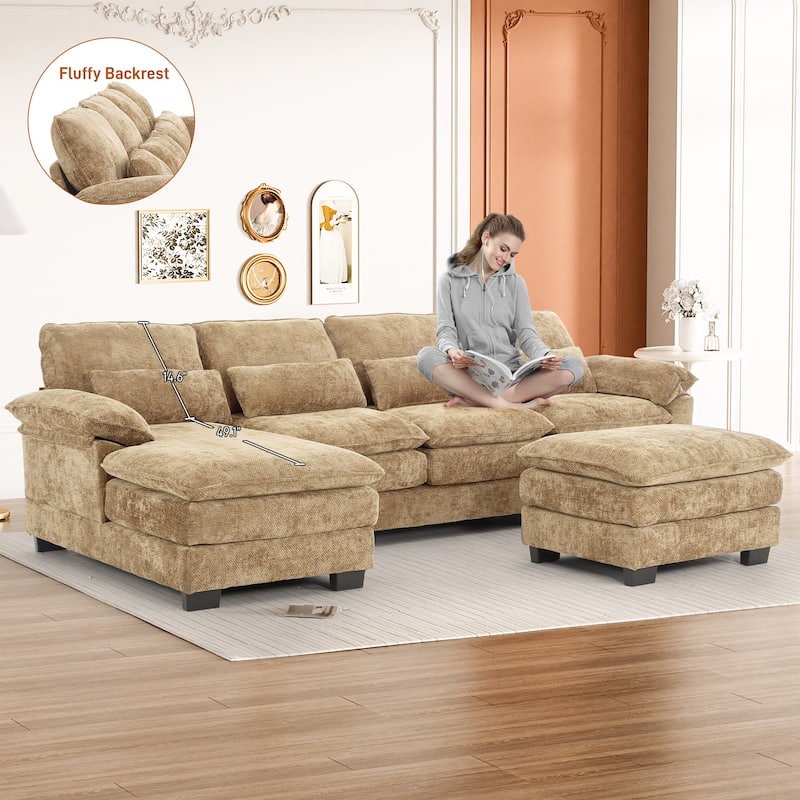 Ouyessir Soft Chenille Fabric U-shaped Sectional Sofa Set with Doudle Layer Cushion
