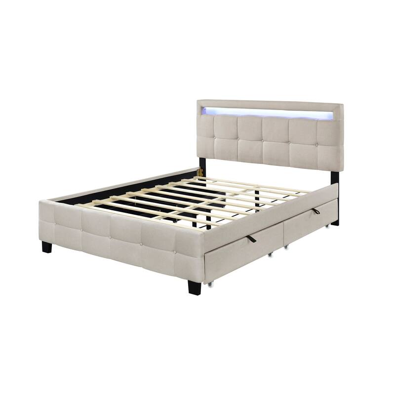 Upholstered Platform Bed with LED Frame and Drawers