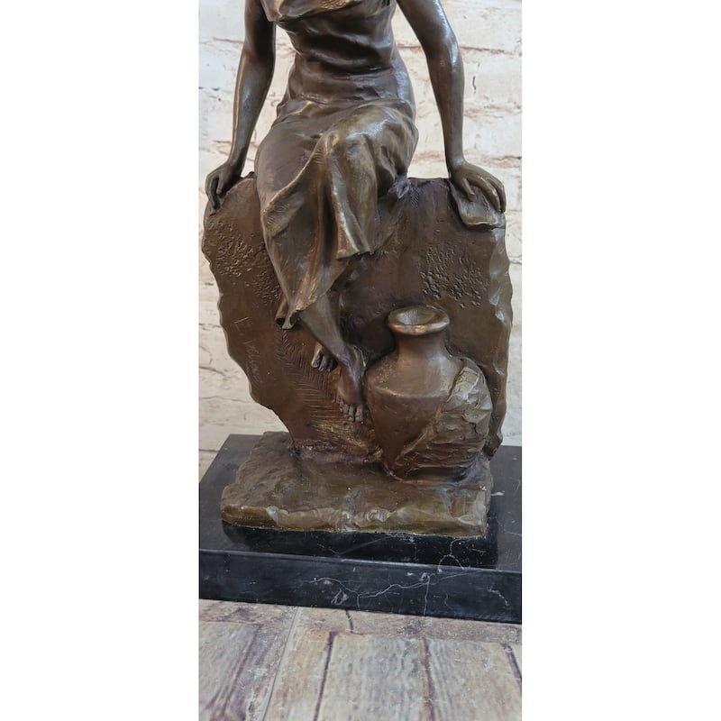 Classical Woman Sitting On A Rock Wall Bronze Sculpture Statue Figure On Marble Base