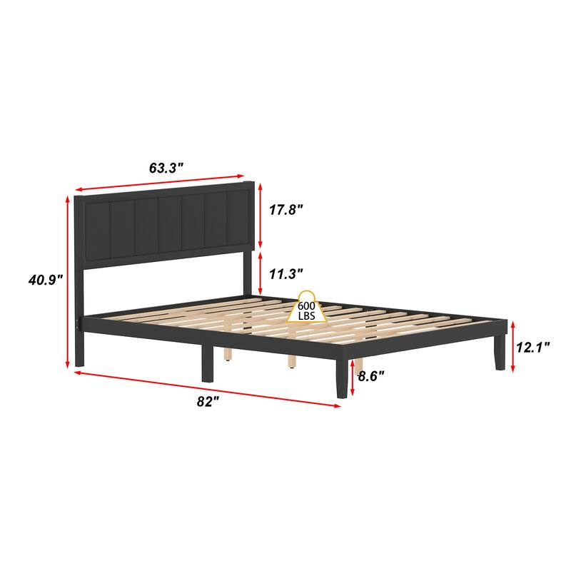 Modern Rubber Wood Solid Wood Bed Frame with Upholstered Headboard - Queen Size