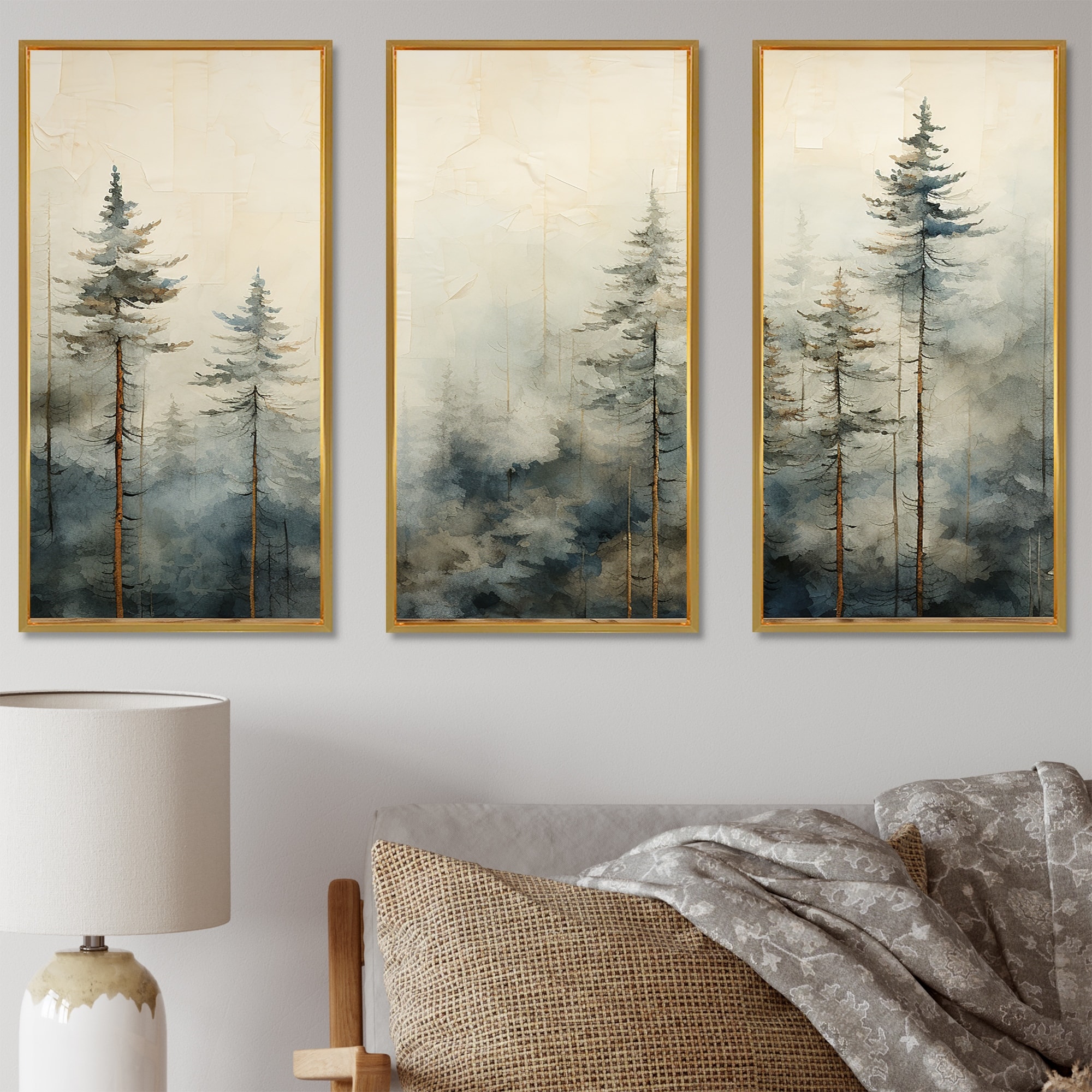 Designart "Minimalism Winter Pine Forest" Forest Framed Art Set of 3 Traditional Wall Art Set Beige Wall Decor 3 Pieces