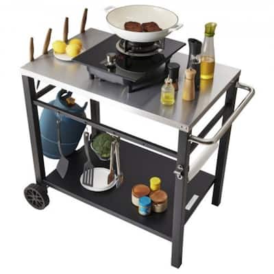 Multifunctional Stainless Steel Outdoor Grill Dining Cart with Double Shelf and Blow Molded Wheels - 39.37 x 25.19 x 32.87 inch
