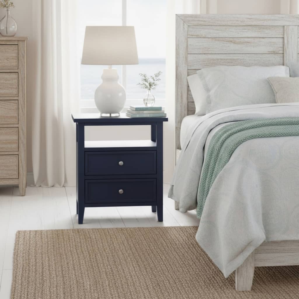 Midnight Blue Nightstand with 2 Drawers and Open Shelf, Nickel Knobs