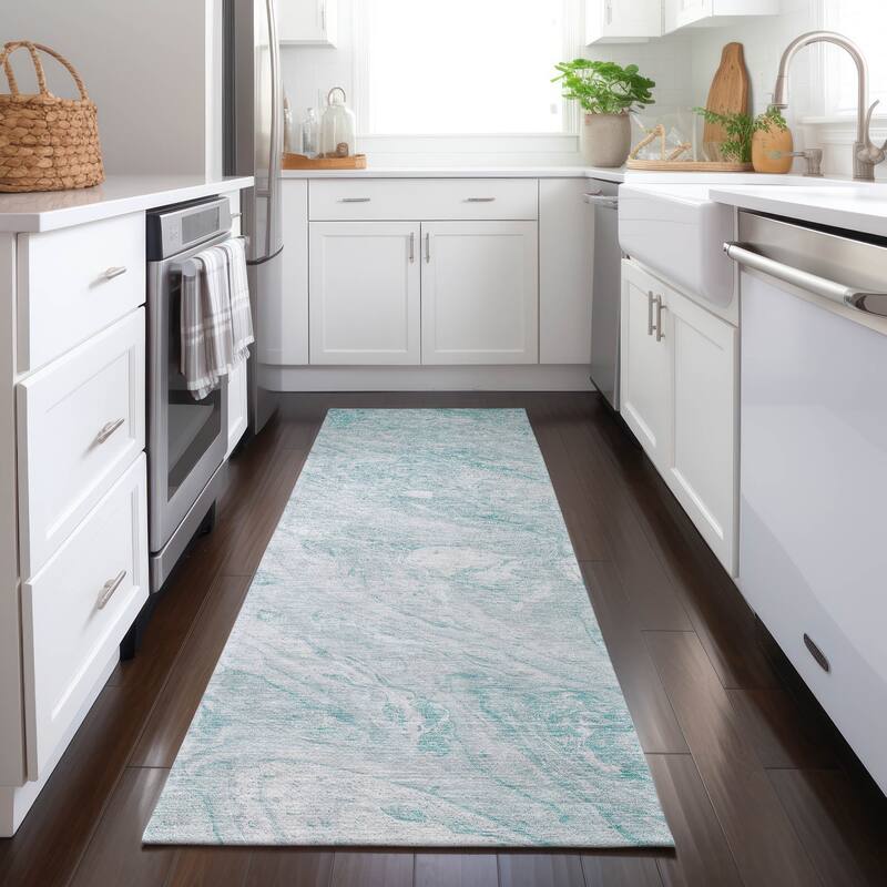 Machine Washable Indoor/ Outdoor Chantille Modern Abstract Rug - 2'3" x 7'6" - Teal