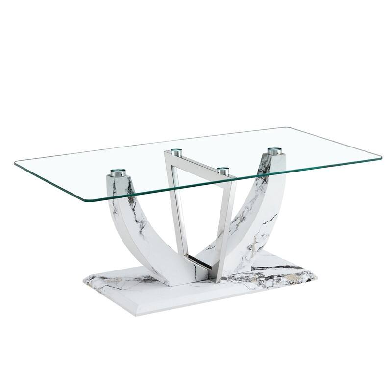 43.3" Length Transparent Tempered Glass Coffee Table with Wooden Legs