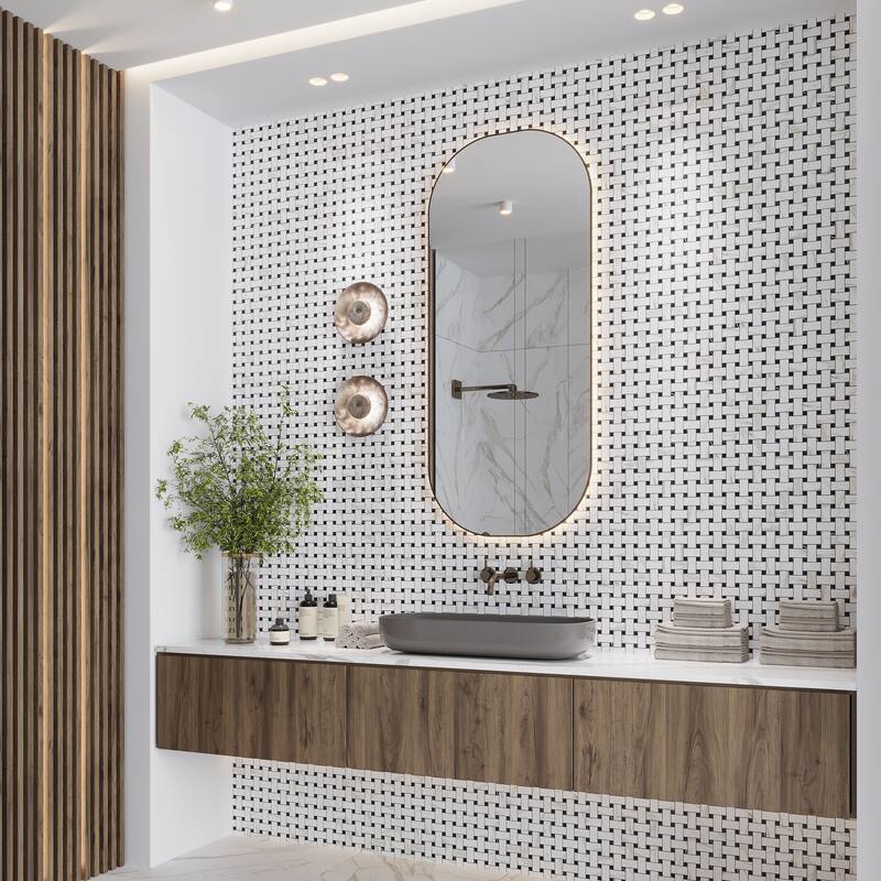 Regalia 12x12 in. Matte Gres Porcelain Basketweave Mosaic Wall and Floor Tile (5.82 sq ft/case, 6-Pack) - Ivory White, Black