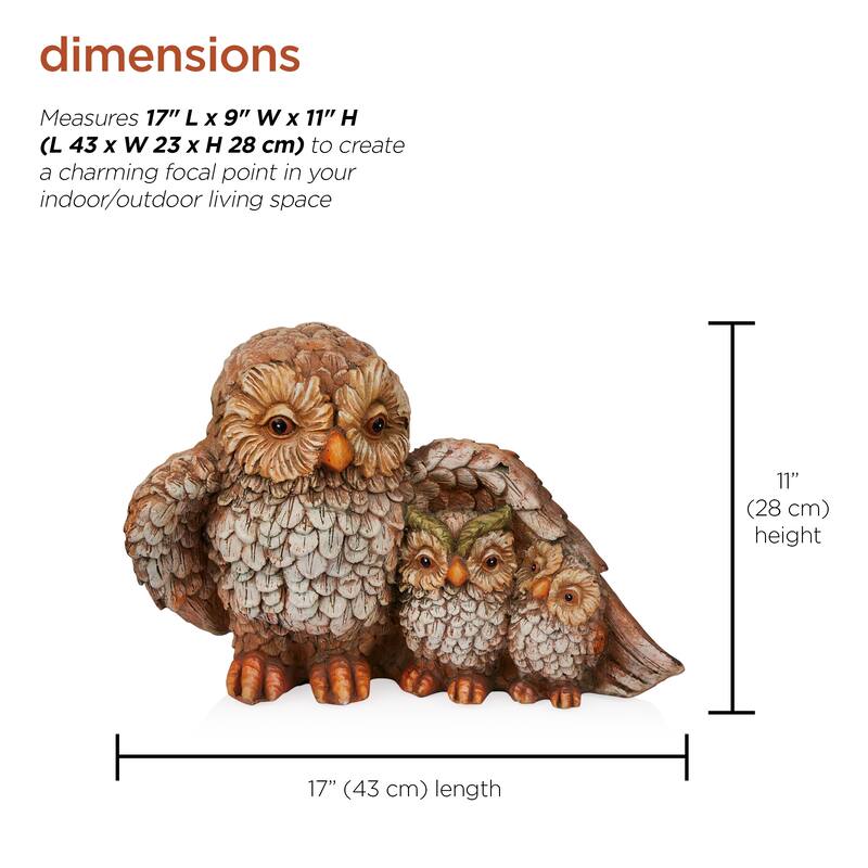 11" Owl Mom Wing Protecting Two Baby Owlettes Statuary