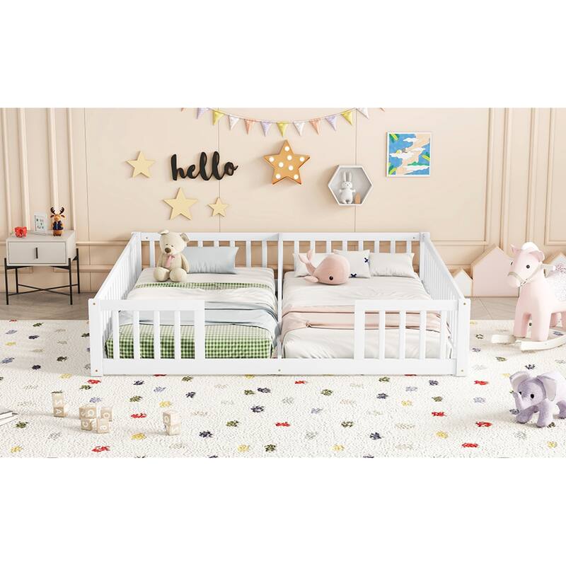 Roomfitters Double Twin Floor Bed Frame with Fence and Guardrails, Low Profile Shared Platform Bed, No Door Design