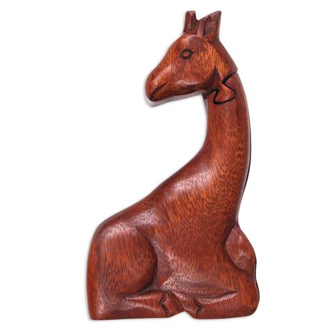 Handmade Resting Giraffe Wood Puzzle Box (Indonesia) - 2.2" H x 3" W x 5.5" D