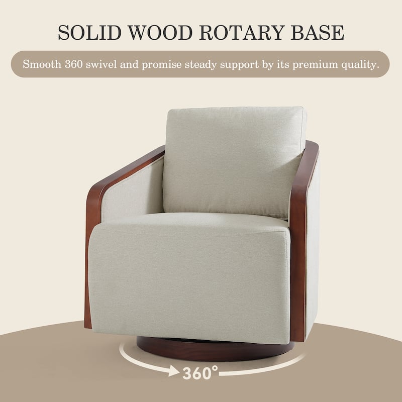Upholstered Swivel Barrel Chair with Curved Wood Arms