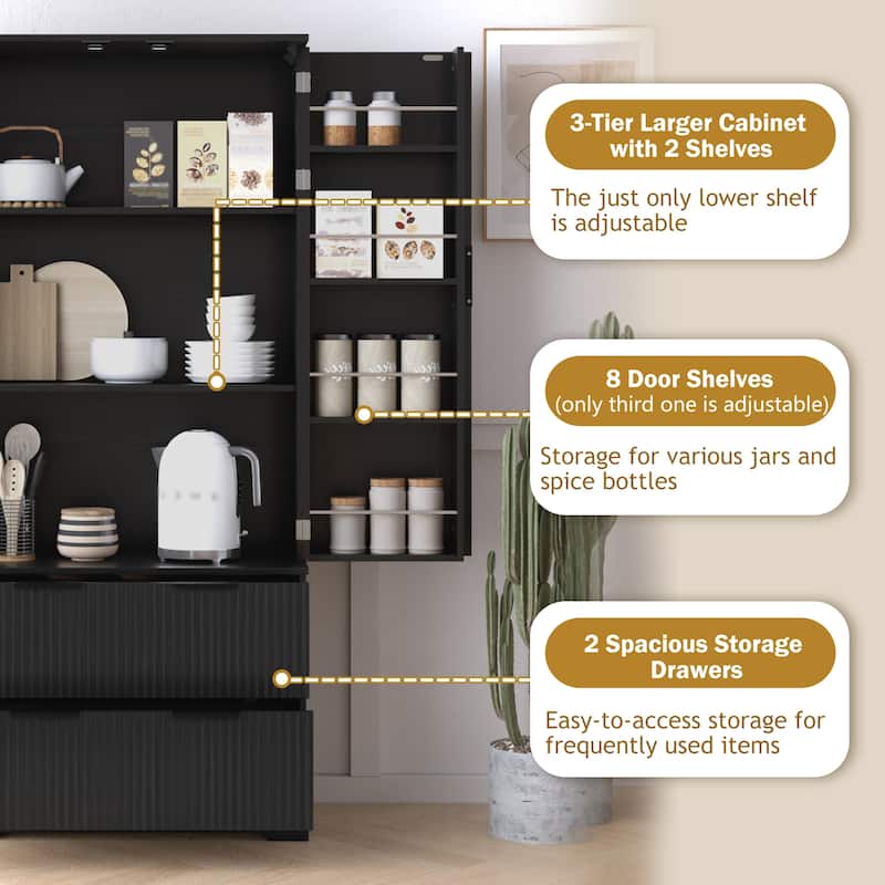 Fluted Kitchen Pantry Cabinet, 2 Doors Freestanding Kitchen Storage Cabinet with 2 Drawers, 8 Spice Racks & Adjustable Shelves