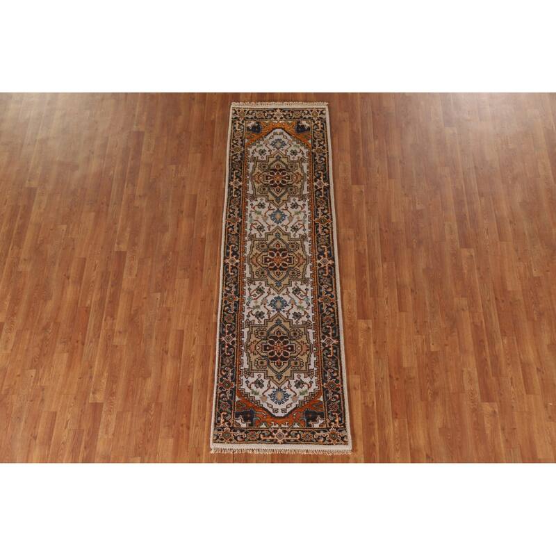 Geometric Beige Heriz Serapi Runner Rug Hand-Knotted Wool Carpet - 2'5"x 8'1"
