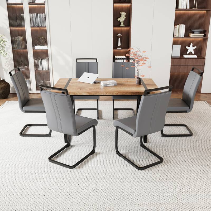 7-Piece Dining Table Set with Wood Grain Tabletop, Chair with C-shaped Bases, Ergonomically Curved Backrest