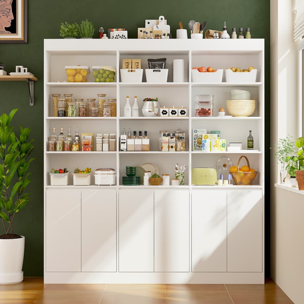 Pantry Large White Storage Cabinet 5-Door Bottom Cabinets & Open Display Shelving for Kitchen or Living Room