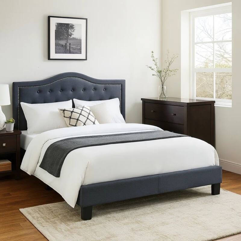 Button Tufted Twin Burlap Bed with Curved Headboard, Charcoal Gray
