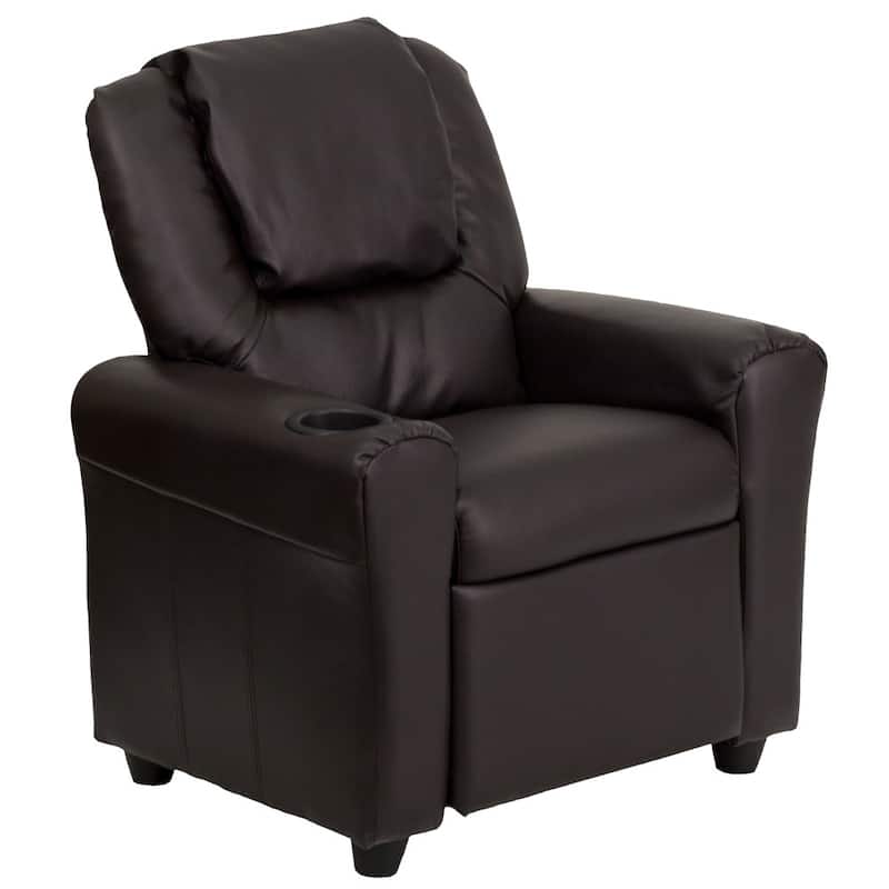 Contemporary Kids Recliner with Cup Holder and Headrest - 24"W x 21.5" - 36.5"D x 27"H - Brown LeatherSoft
