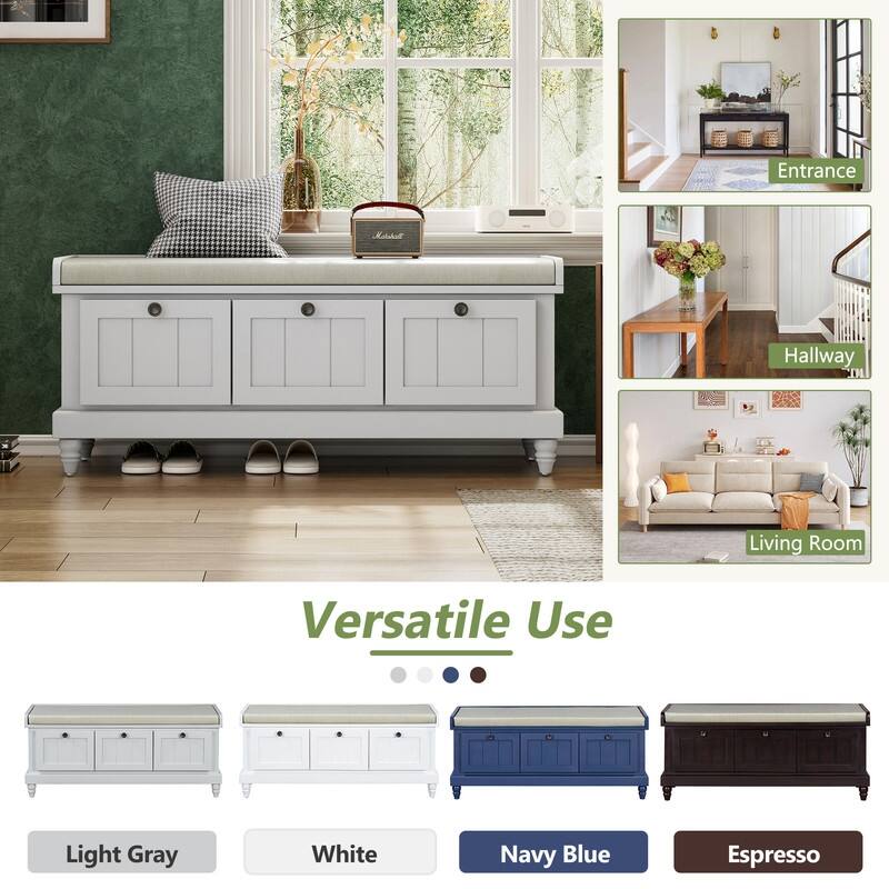 Classic Shoe Bench with Cushion and Three Drawers, Fluted Entryway Bench with Storage for Living Room