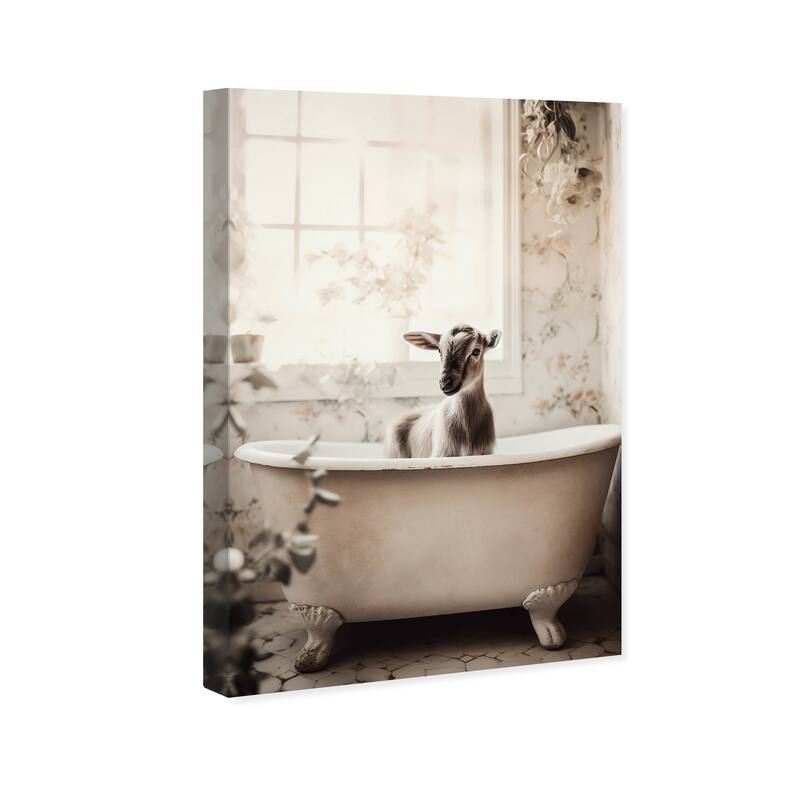 Wynwood Studio Canvas Animals Goat in a Bath White and Tan Traditional Wall Art Canvas Print - White, Brown