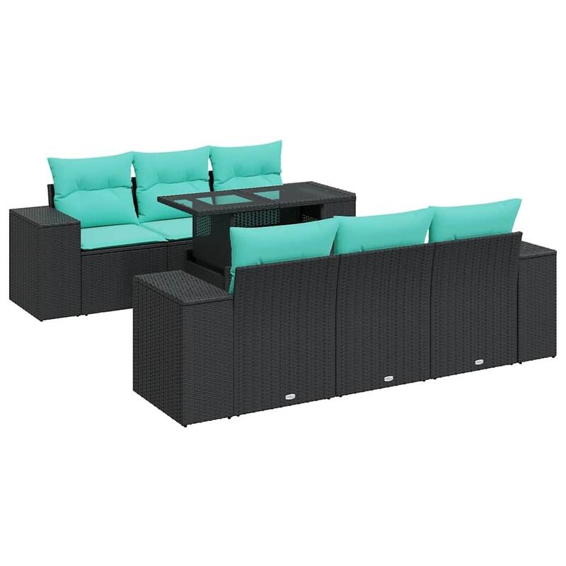 vidaXL 7 Piece Patio Sofa Set with Cushions Black Poly Rattan Acacia - 21.7 x 24.4 x 27.2