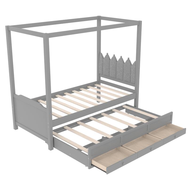 Roomfitters Canopy Bed with Trundle and Drawers, Upholstered Crown Headboard, Solid Wood Frame
