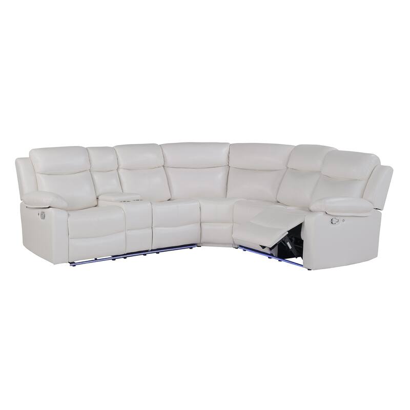 HomeRoots Off White Faux Leather Reclining Curved Six Piece Sectional With LED And Console
