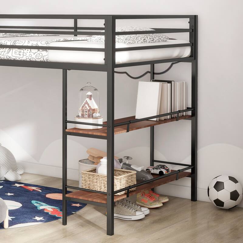 Junior Twin Loft Bed with Cinnamon Wood Shelf, Guardrails, and Ladder, Space-Saving Design for Kids' Bedroom