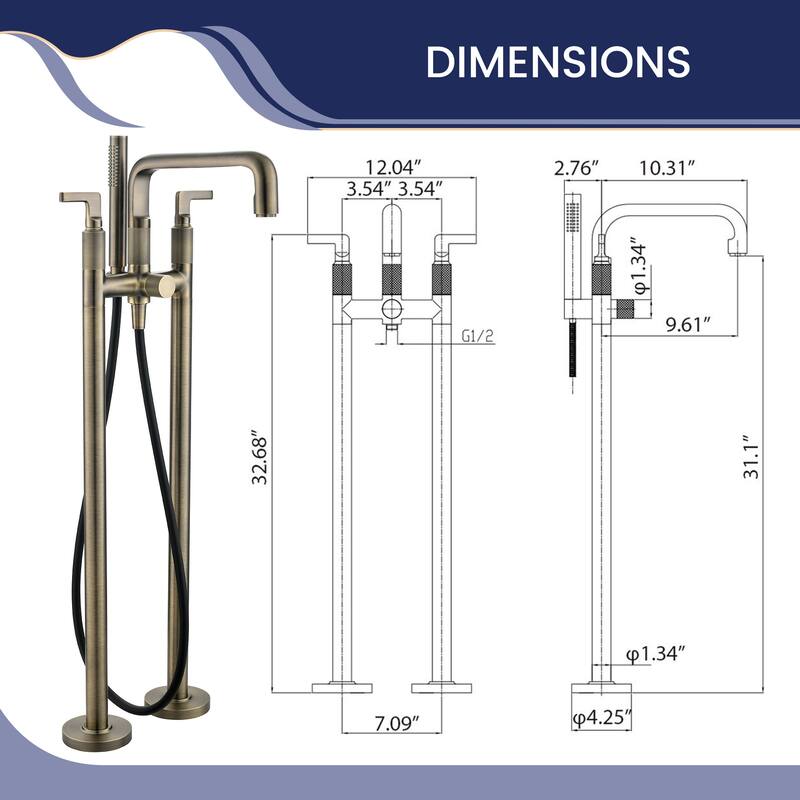 33" H Solid Brass Floor Mounted Freestanding Tub Faucet with Hand Shower and Diverter